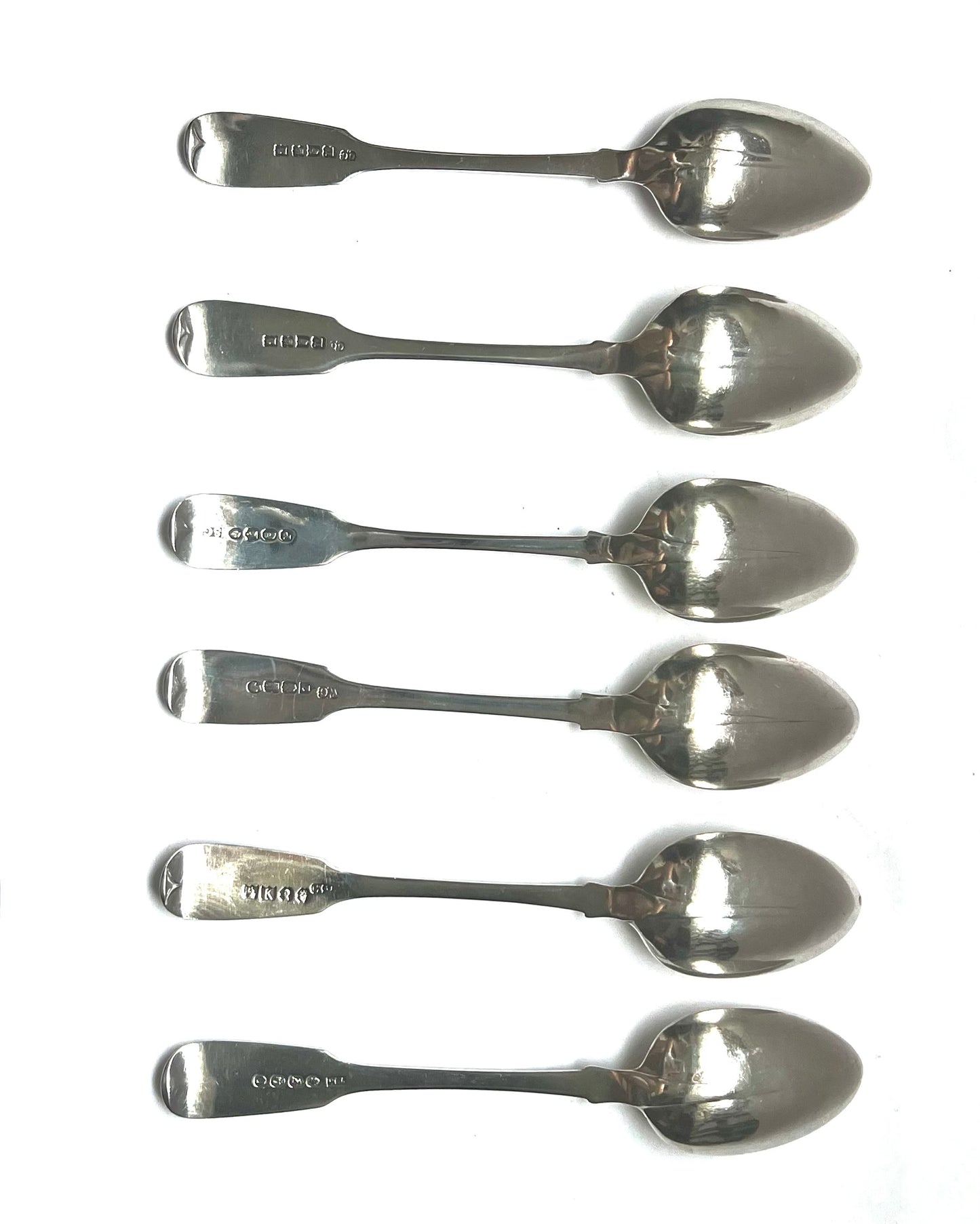 Set of 6 William IV to Victorian Irish sterling silver tea spoons,  marks for various Dublin  silver smiths from 1830-1845.