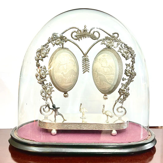 Exceptional early Australiana late 19th century silver plated centrepiece with double mounted and carved emu eggs