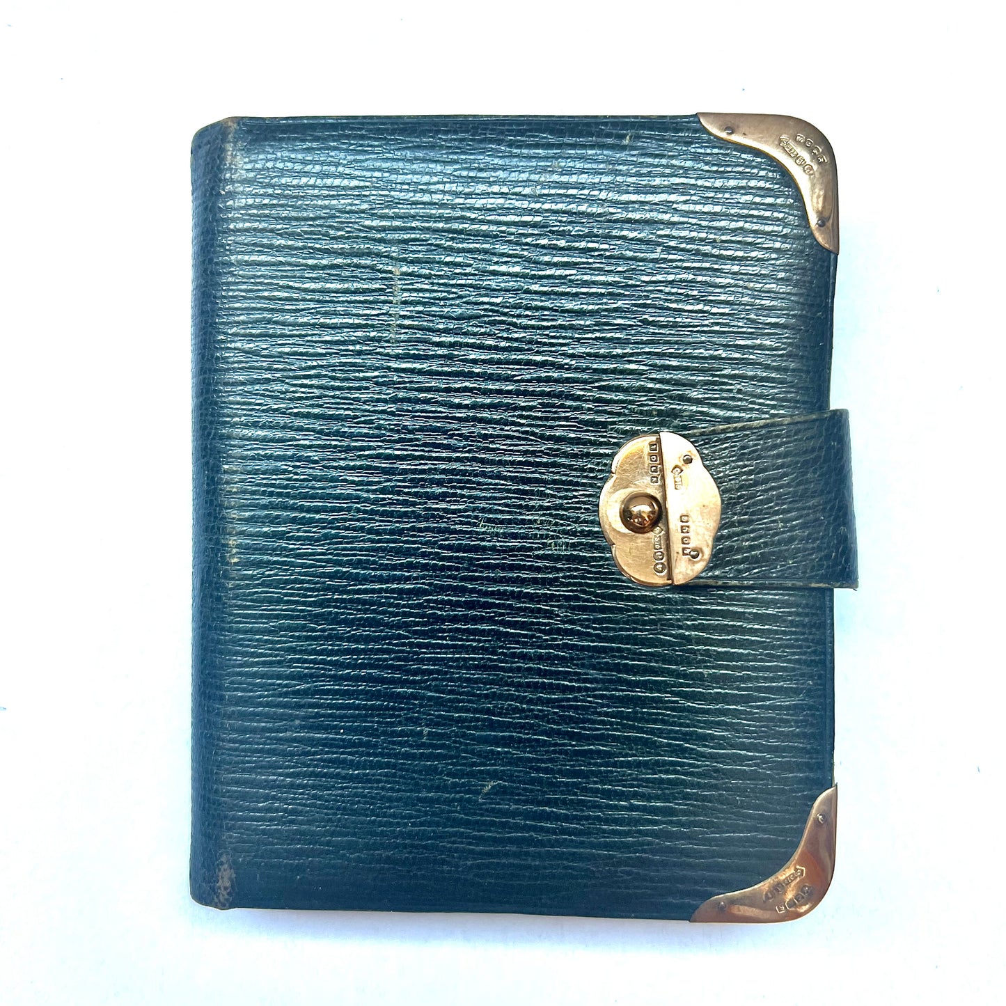 Antique English leather bound address book with 9ct gold clasp and corner details, all hallmarked for London, 1900, Thomas de la Rue & Co.