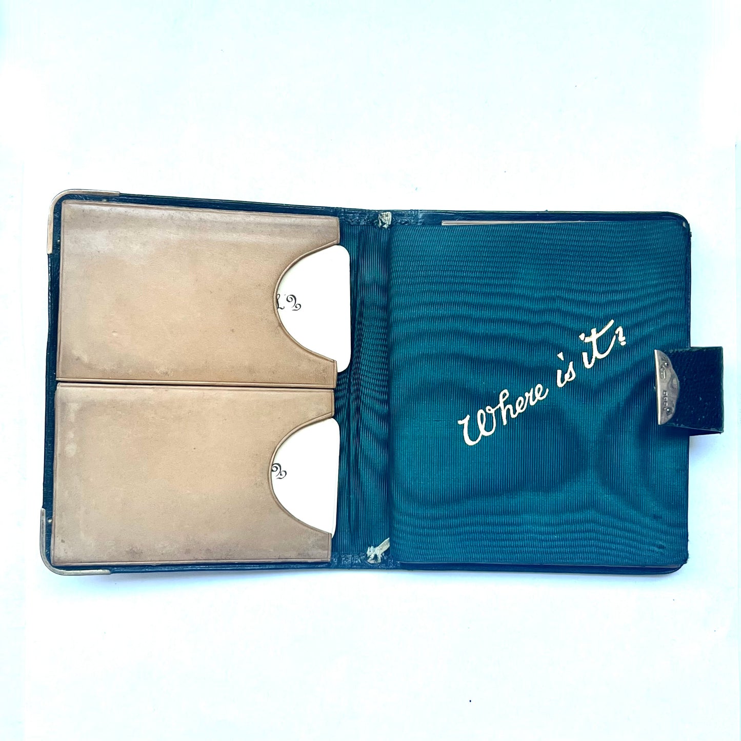 Antique English leather bound address book with 9ct gold clasp and corner details, all hallmarked for London, 1900, Thomas de la Rue & Co.