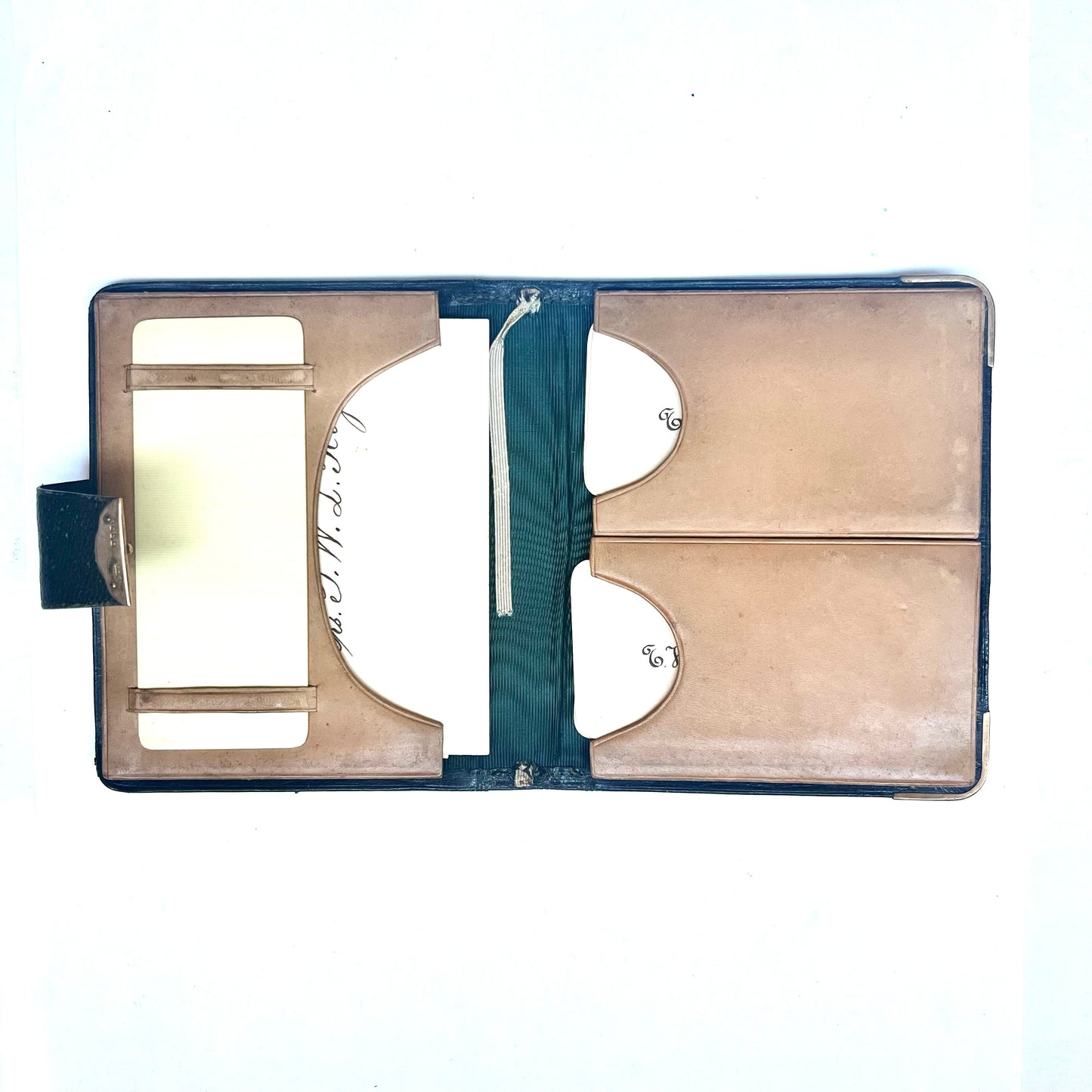 Antique English leather bound address book with 9ct gold clasp and corner details, all hallmarked for London, 1900, Thomas de la Rue & Co.