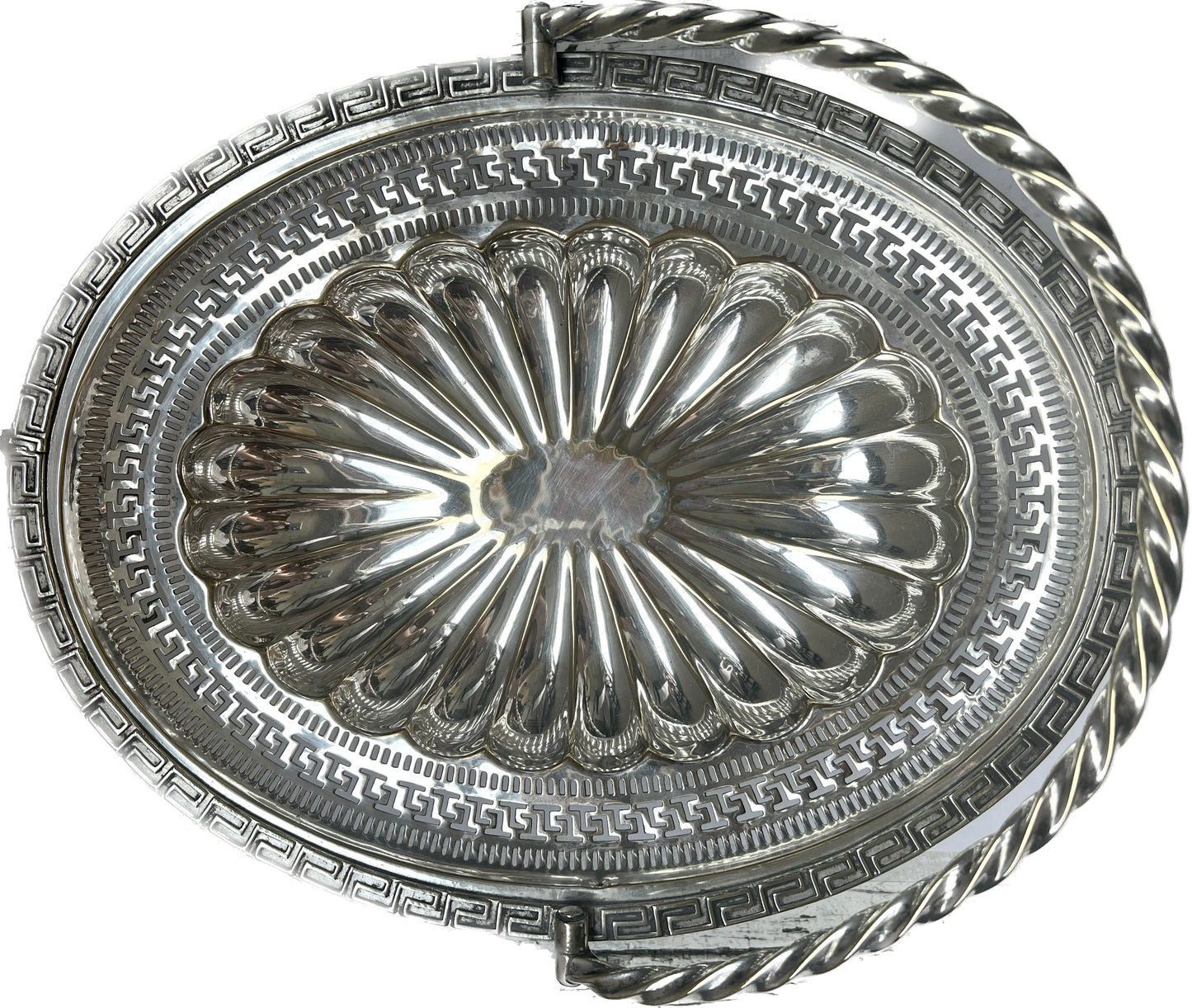 Antique Victorian Silver-Plated Basket with Rope Twist Handle and Double Greek Key Borders