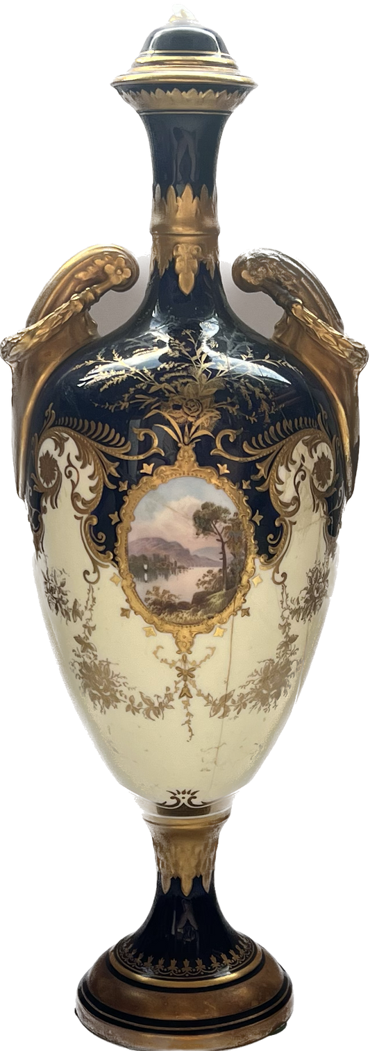 Late 19th century antique English lidded Coalport cobalt and gilt porcelain urn