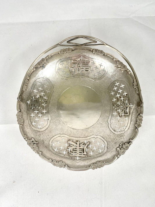 Antique Hong Kong Chinese Export Silver Swing-Handled Basket with Pierced Auspicious Motifs
