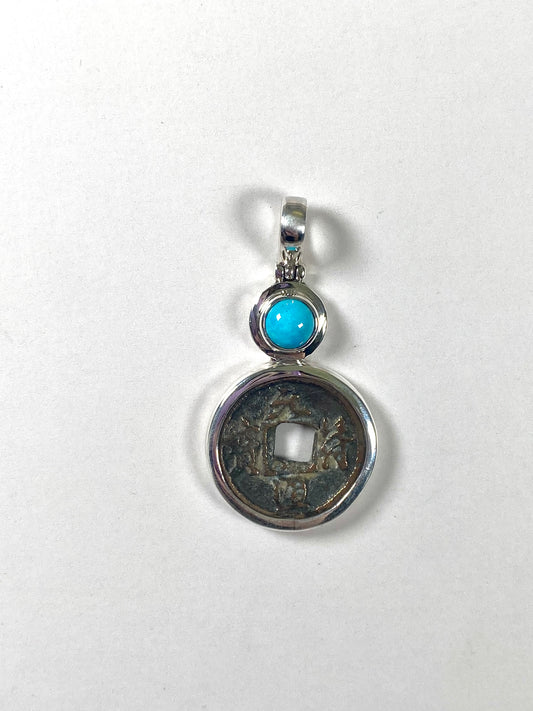 Antique Northern Song Shenzong Reign Cash Coin Pendant- Sterling Silver w Turquoise circa 1078-1085
