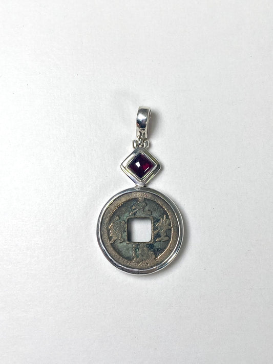 Antique Northern Song Shenzong Reign Cash Coin Pendant- Sterling Silver w Garnet circa 1078-1085