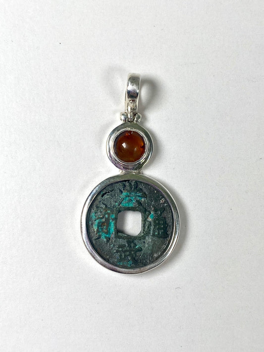 Antique Ming Dynasty Hong Wu Reign (1402-1424) Cash Coin Pendant in Sterling Silver w Amber