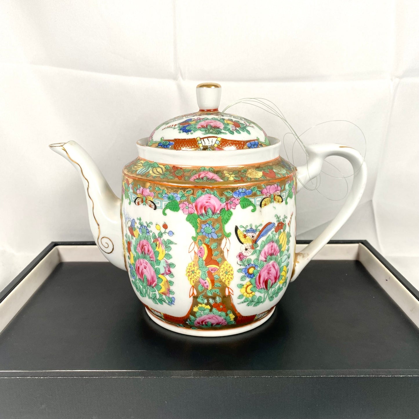 Vintage Chinese mid 20th century teapot with Cantonese famille rose enamels and rich gilt accents