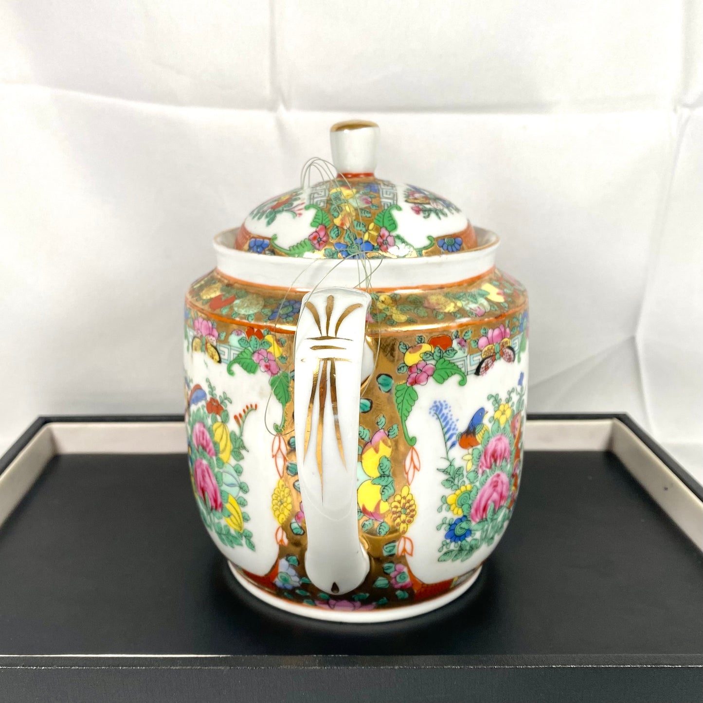 Vintage Chinese mid 20th century teapot with Cantonese famille rose enamels and rich gilt accents