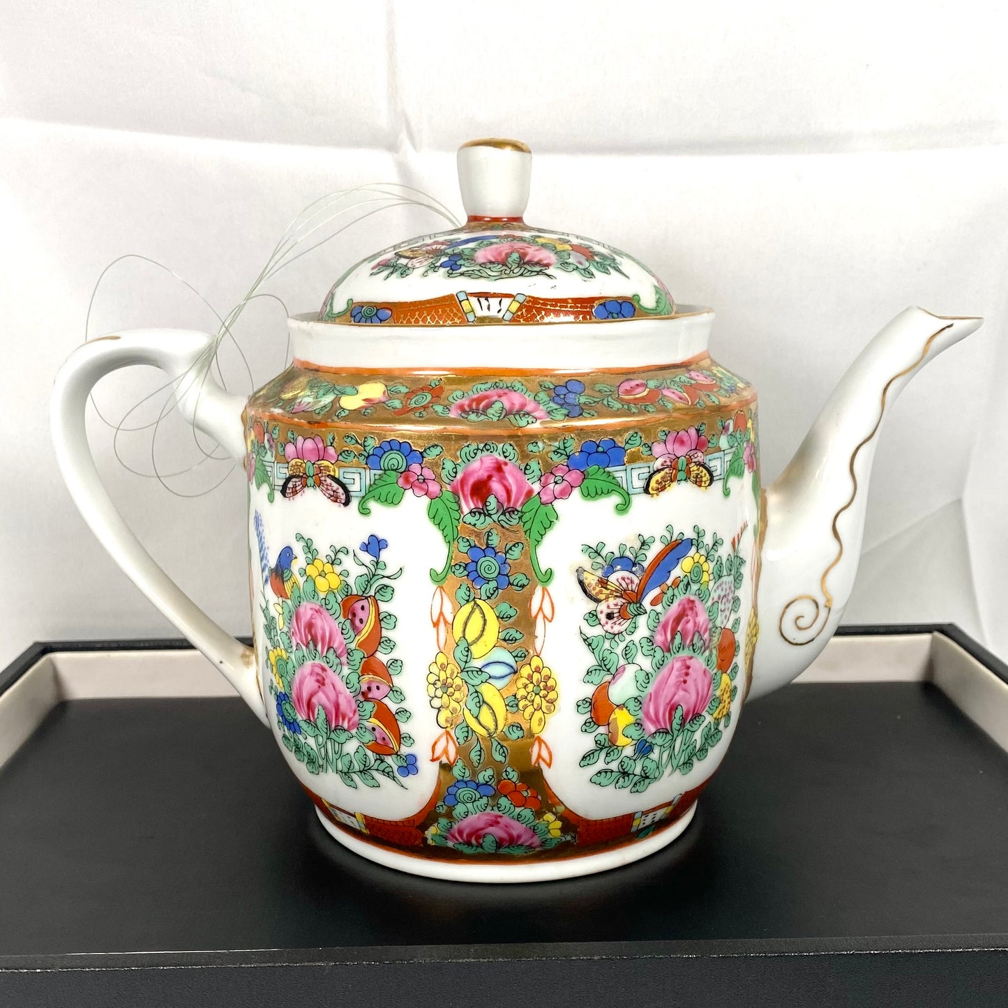 Vintage Chinese mid 20th century teapot with Cantonese famille rose enamels and rich gilt accents