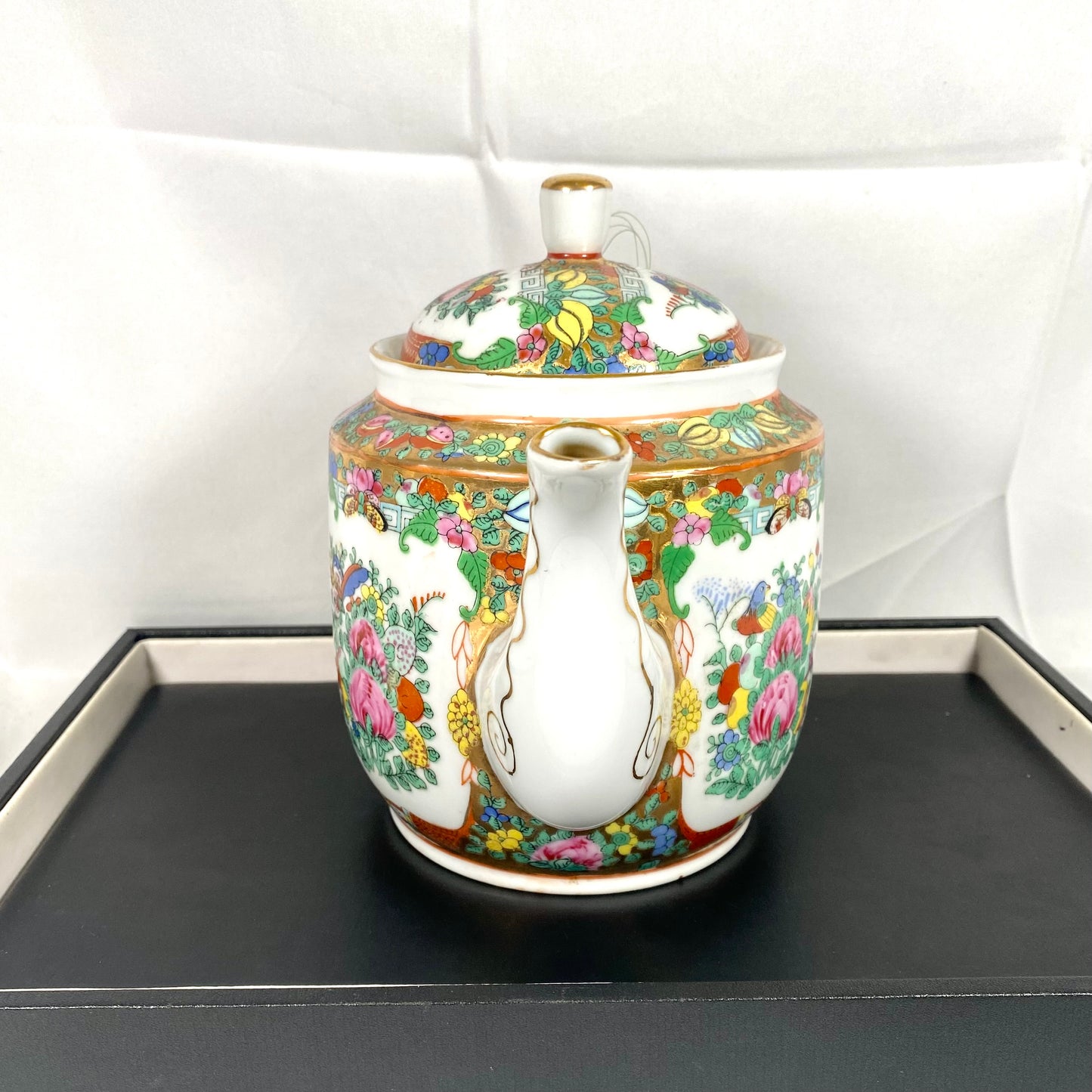 Vintage Chinese mid 20th century teapot with Cantonese famille rose enamels and rich gilt accents