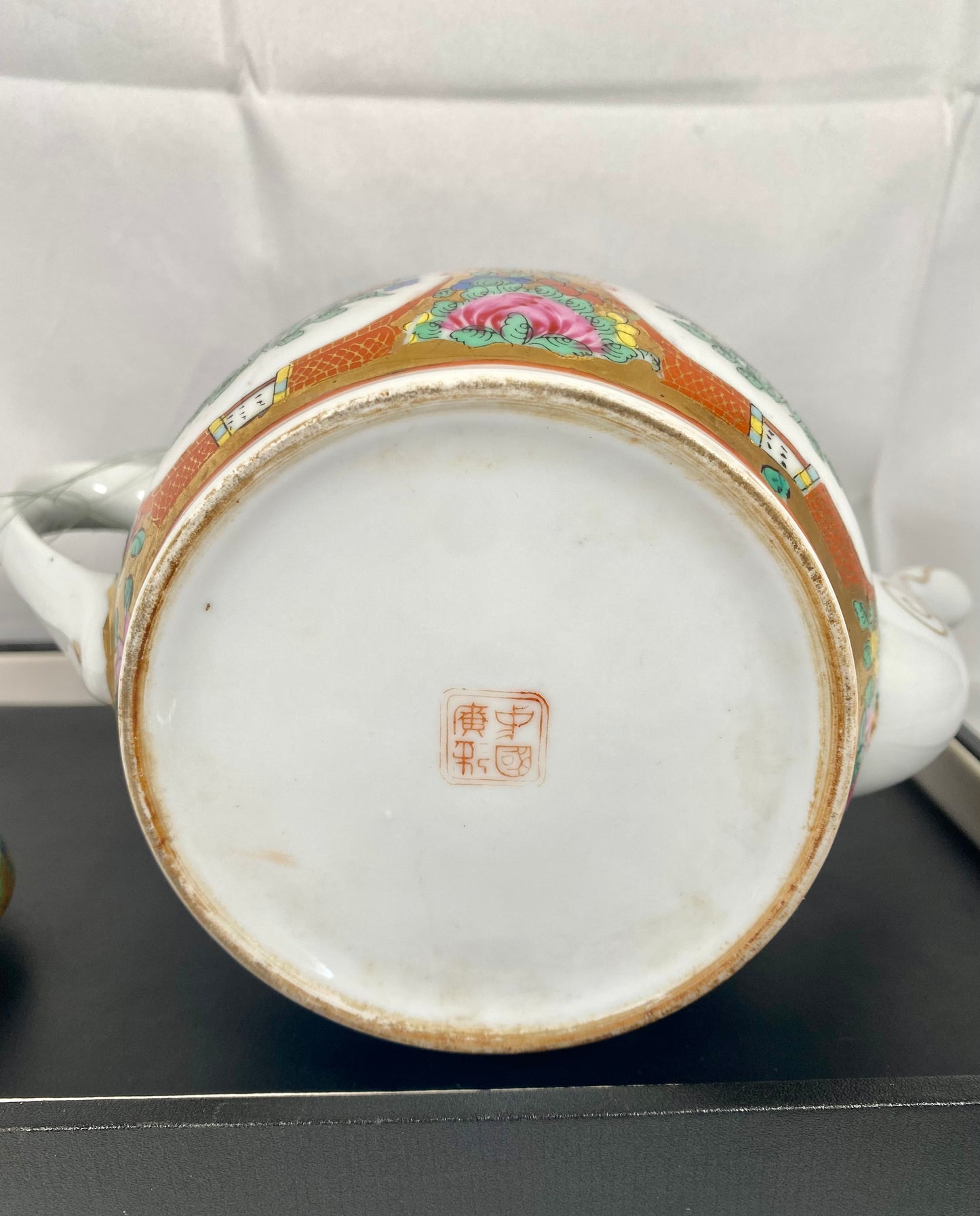 Vintage Chinese mid 20th century teapot with Cantonese famille rose enamels and rich gilt accents