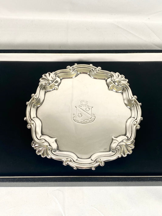 Fine George II crested sterling silver card salver/ waiter by James Morison, London 1755