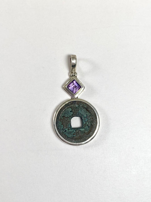 Antique Northern Song Huizong Reign Cash Coin Pendant- Sterling Silver Frame w Amethyst