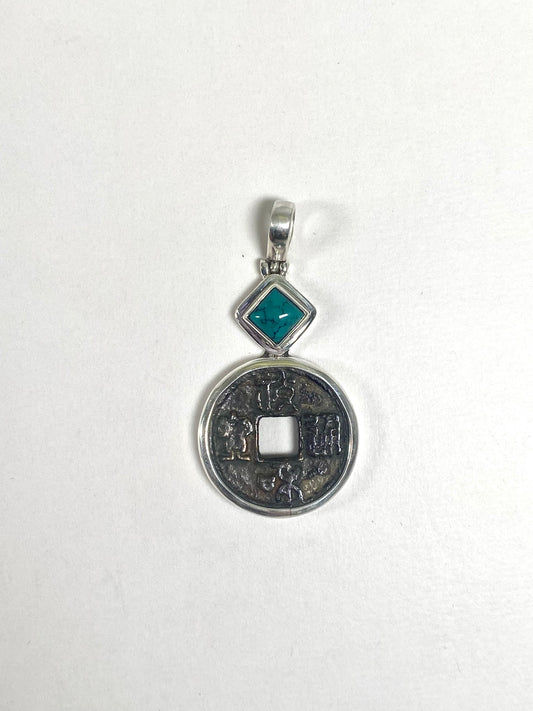 Antique Northern Song Zhezong Reign Cash Coin Pendant- Sterling Silver Frame w Turquoise