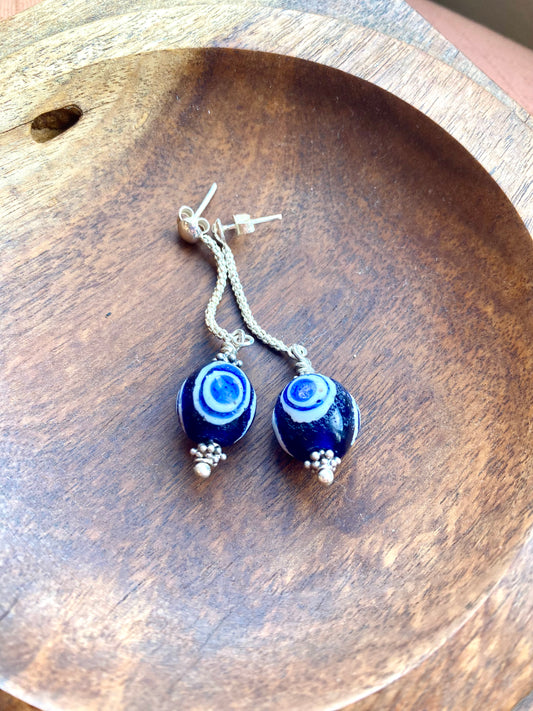 Ancient / Antique Javanese Trade Beads- Millefiori Eye Bead Earrings circa 10th to 14th century set in Sterling Silver
