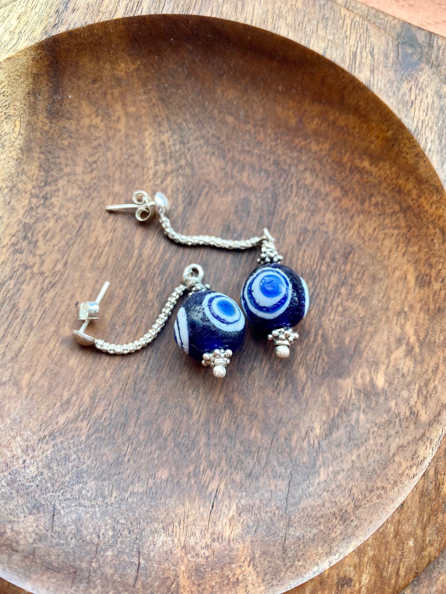 Ancient / Antique Javanese Trade Beads- Millefiori Eye Bead Earrings circa 10th to 14th century set in Sterling Silver