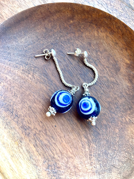 Ancient / Antique Javanese Trade Beads- Millefiori Eye Bead Earrings circa 10th to 14th century set in Sterling Silver