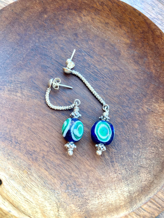 Ancient / Antique Javanese Trade Beads- Cobalt and Green Millefiori Eye Bead Earrings circa 10th to 14th century w Sterling Silver