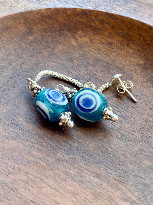 Ancient / Antique Javanese Trade Beads- Turquoise Millefiori Eye Bead Earrings circa 10th to 14th century w Sterling Silver