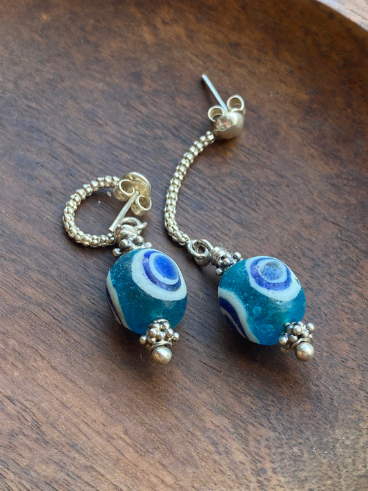 Ancient / Antique Javanese Trade Beads- Turquoise Millefiori Eye Bead Earrings circa 10th to 14th century w Sterling Silver