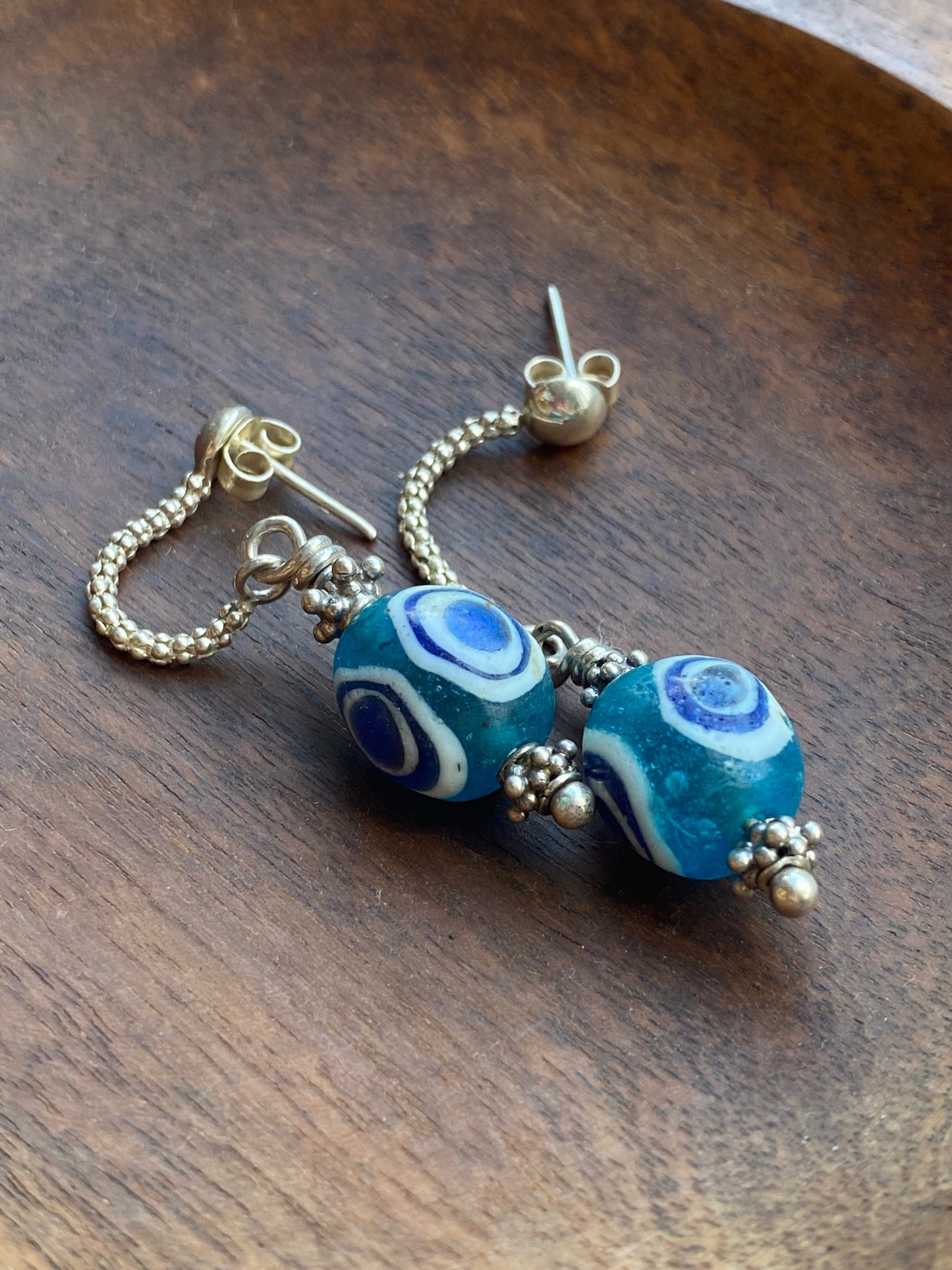 Ancient / Antique Javanese Trade Beads- Turquoise Millefiori Eye Bead Earrings circa 10th to 14th century w Sterling Silver