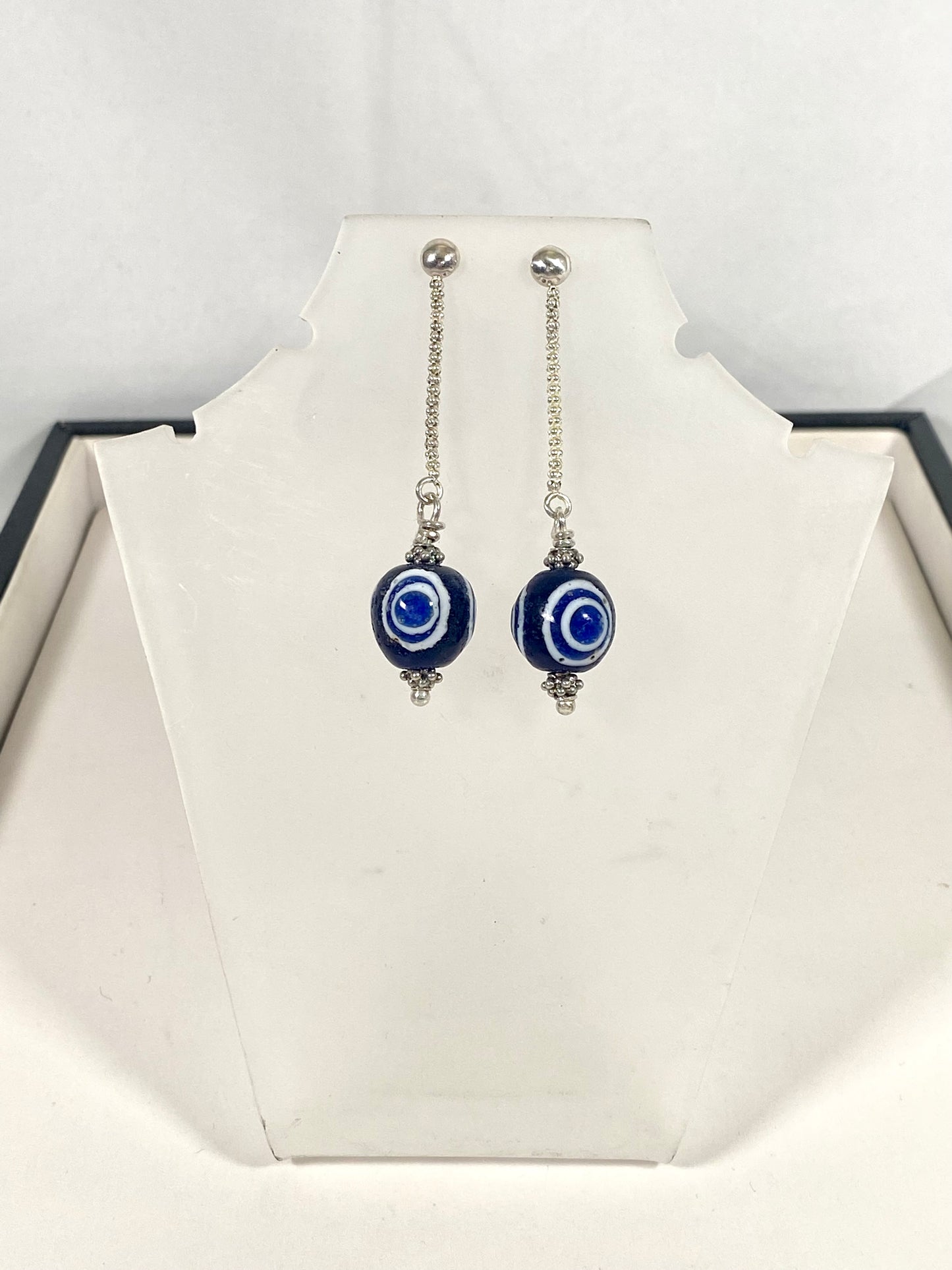 Ancient / Antique Javanese Trade Beads- Millefiori Eye Bead Earrings circa 10th to 14th century set in Sterling Silver