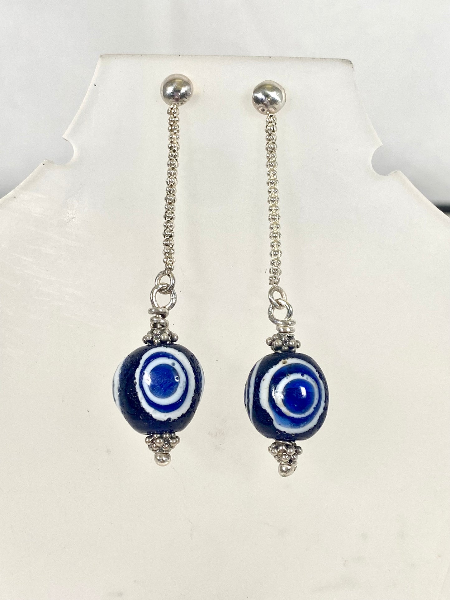Ancient / Antique Javanese Trade Beads- Millefiori Eye Bead Earrings circa 10th to 14th century set in Sterling Silver