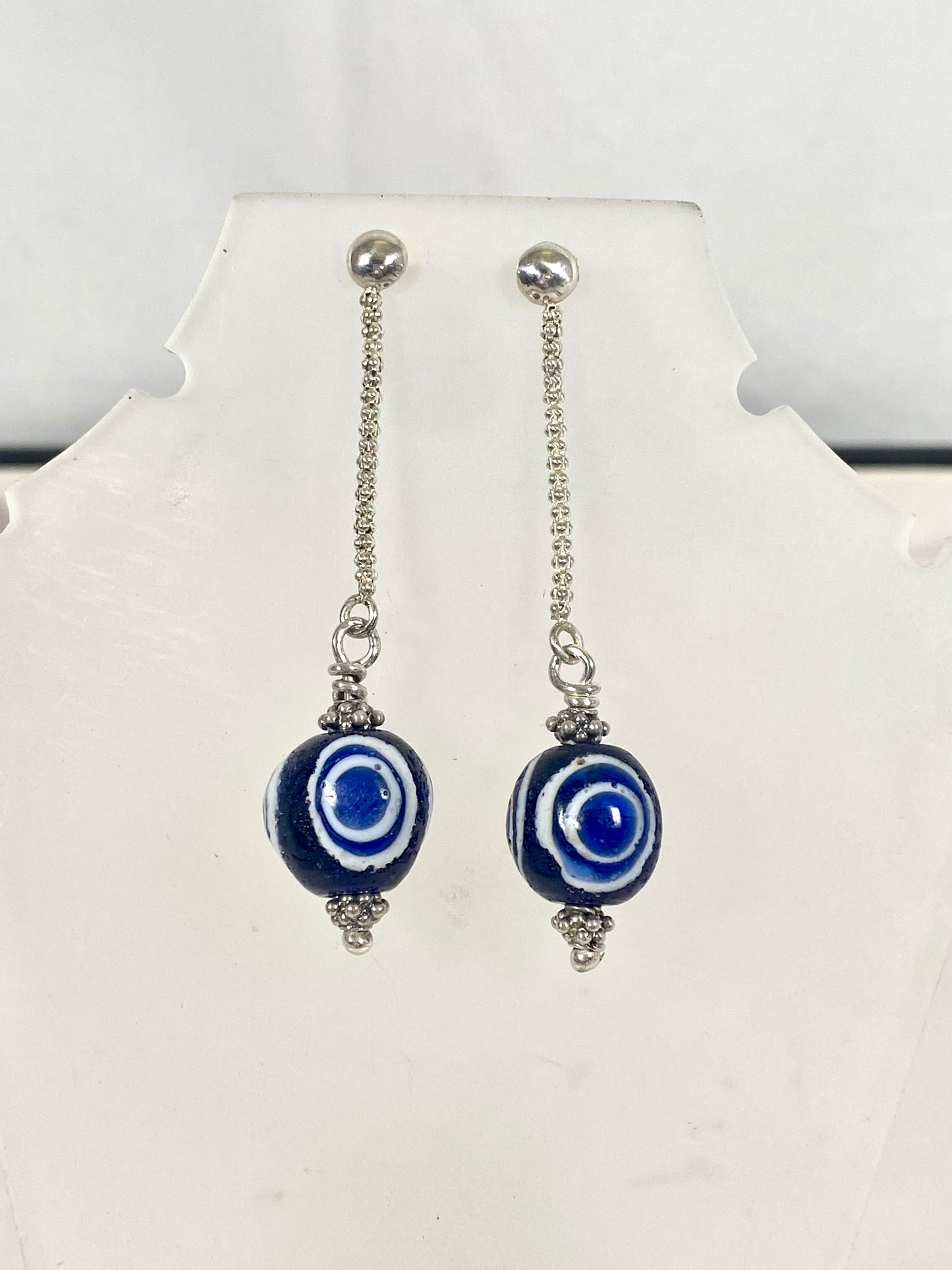 Ancient / Antique Javanese Trade Beads- Millefiori Eye Bead Earrings circa 10th to 14th century set in Sterling Silver