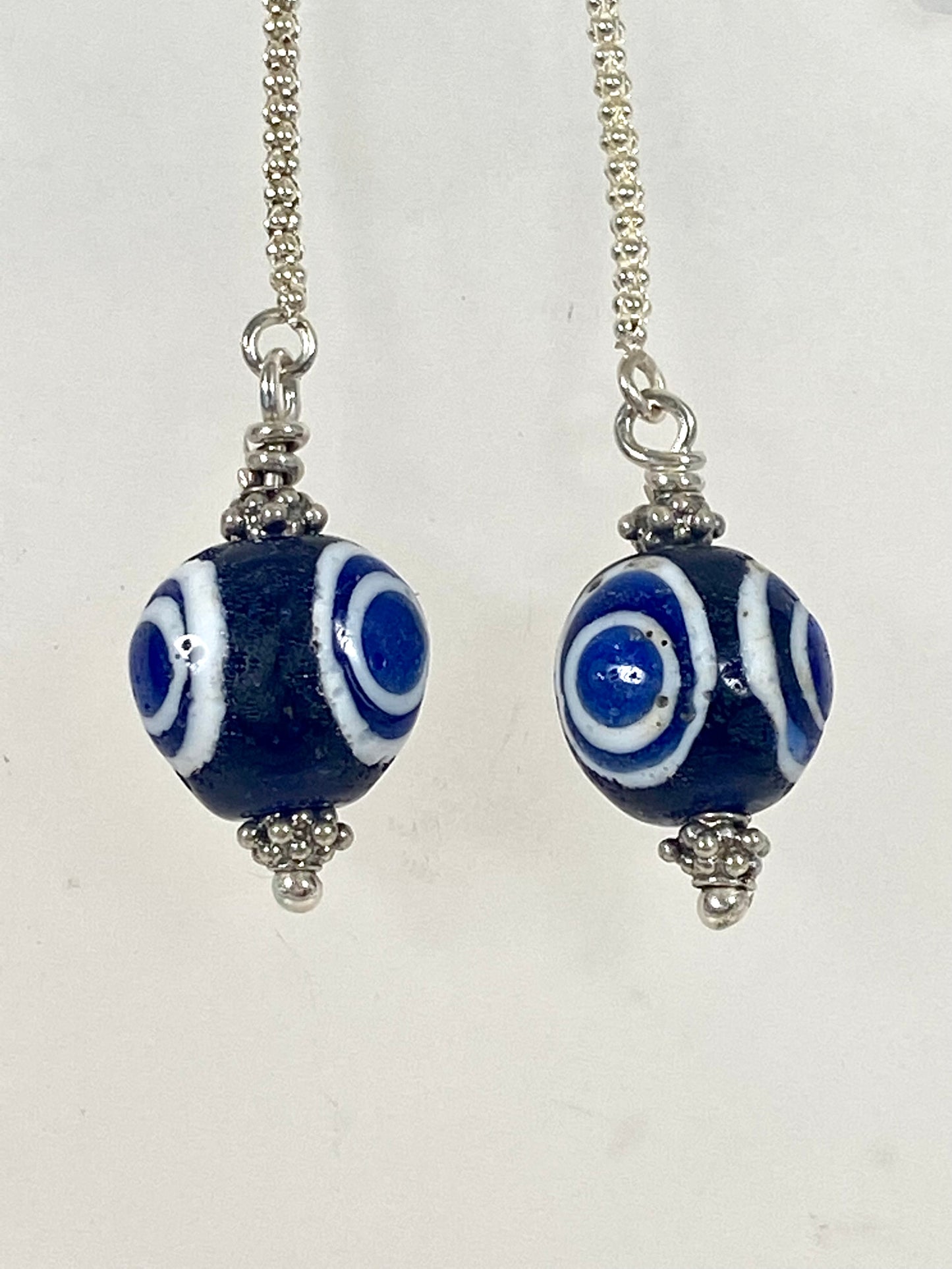 Ancient / Antique Javanese Trade Beads- Millefiori Eye Bead Earrings circa 10th to 14th century set in Sterling Silver