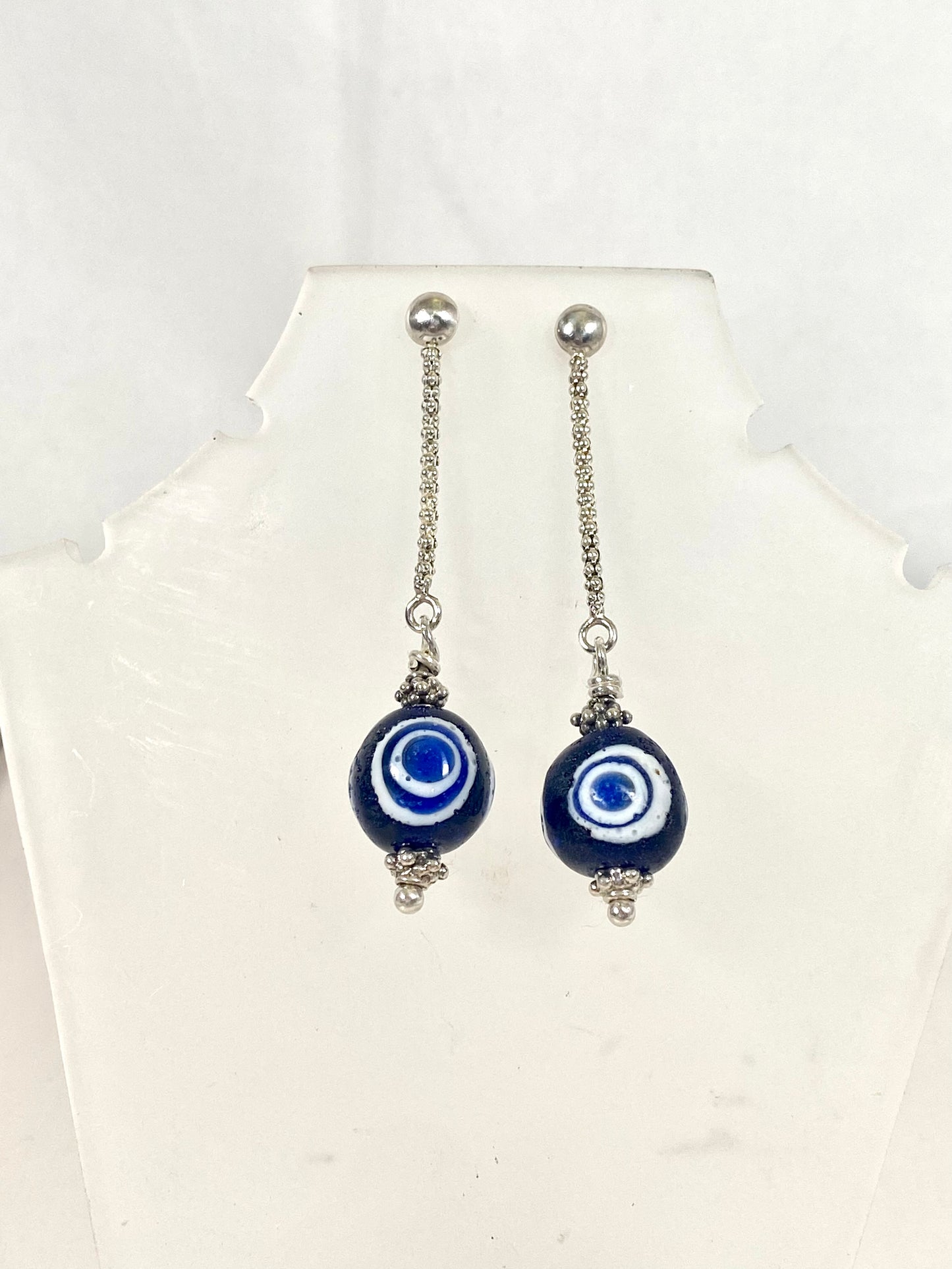 Ancient / Antique Javanese Trade Beads- Millefiori Eye Bead Earrings circa 10th to 14th century set in Sterling Silver