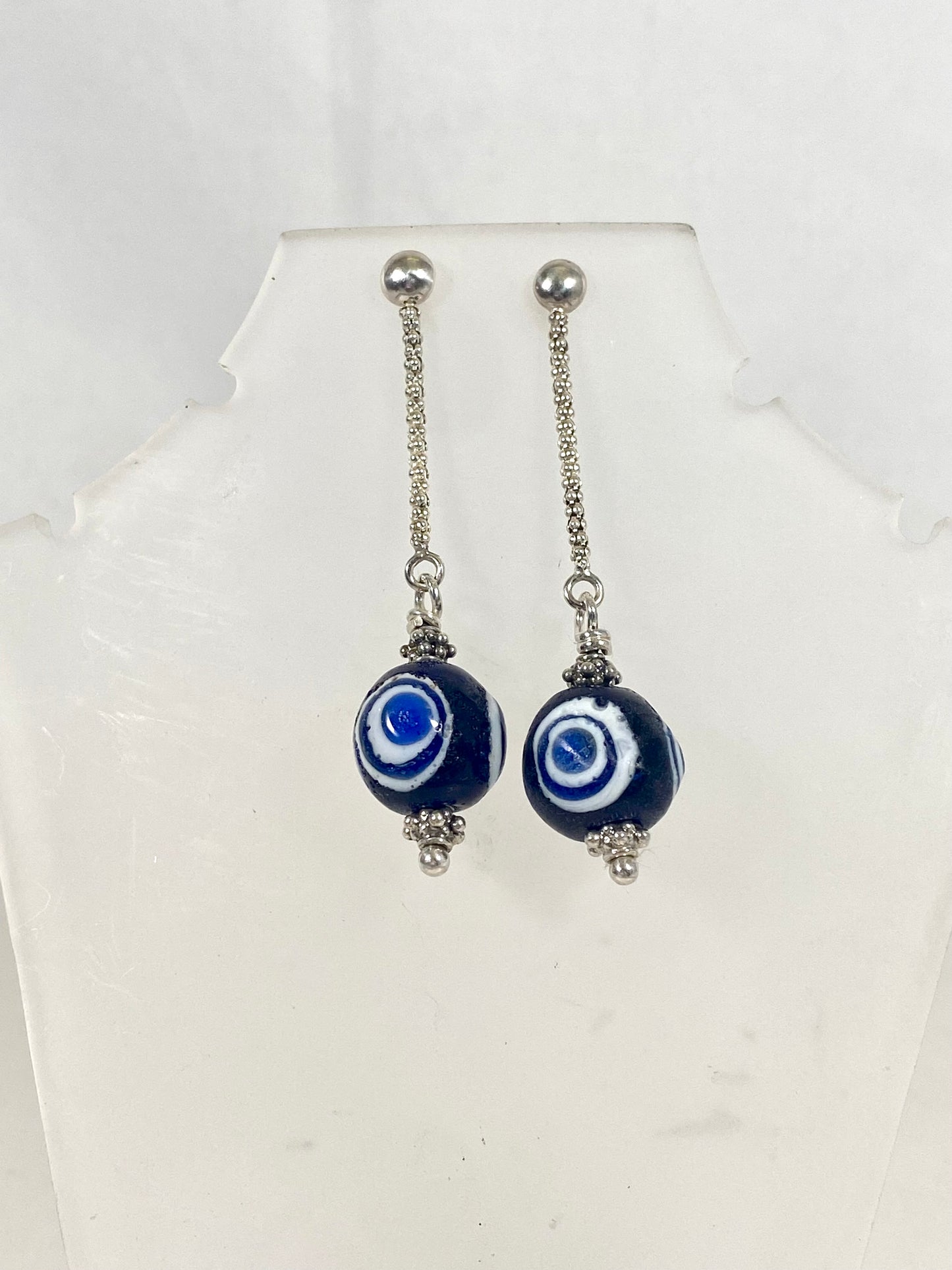 Ancient / Antique Javanese Trade Beads- Millefiori Eye Bead Earrings circa 10th to 14th century set in Sterling Silver