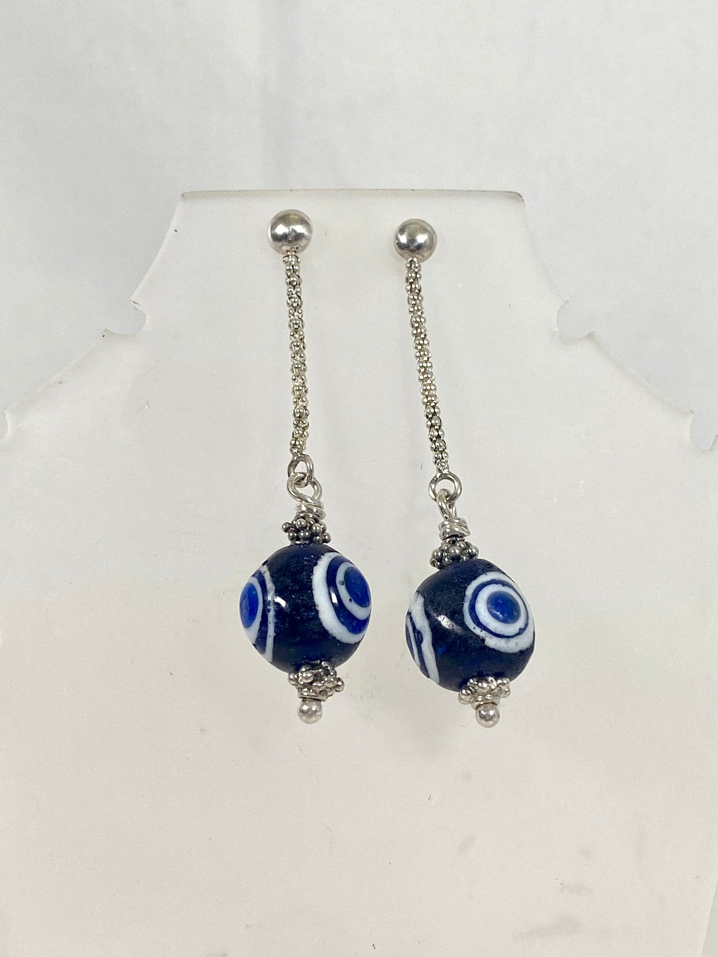 Ancient / Antique Javanese Trade Beads- Millefiori Eye Bead Earrings circa 10th to 14th century set in Sterling Silver