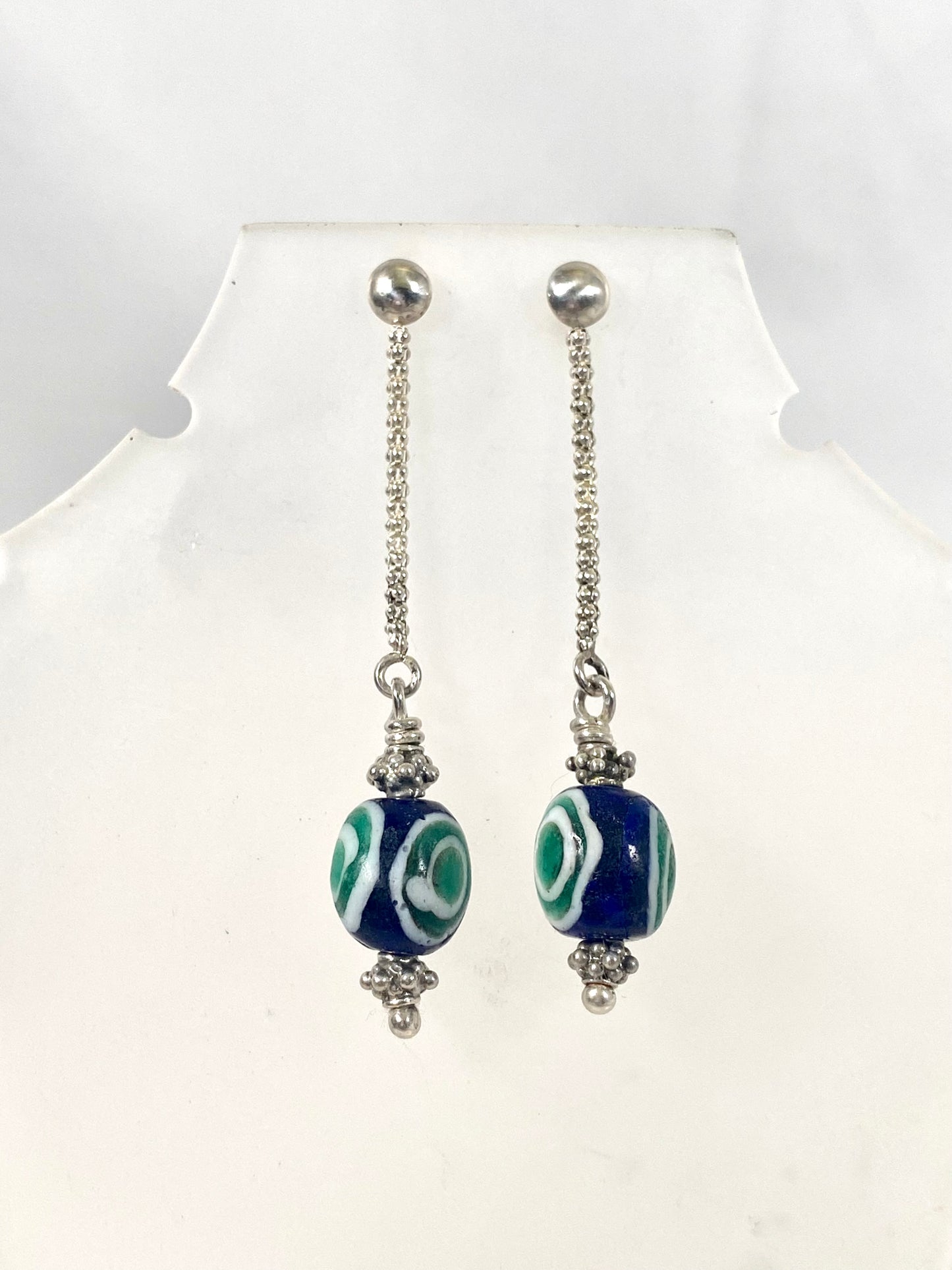 Ancient / Antique Javanese Trade Beads- Cobalt and Green Millefiori Eye Bead Earrings circa 10th to 14th century w Sterling Silver