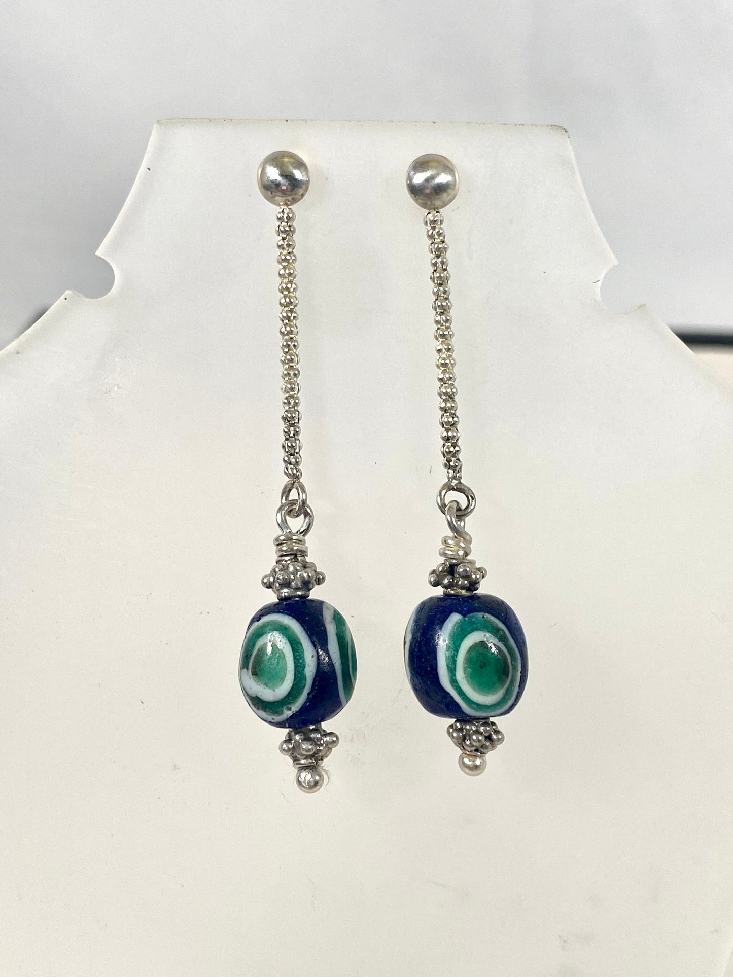 Ancient / Antique Javanese Trade Beads- Cobalt and Green Millefiori Eye Bead Earrings circa 10th to 14th century w Sterling Silver