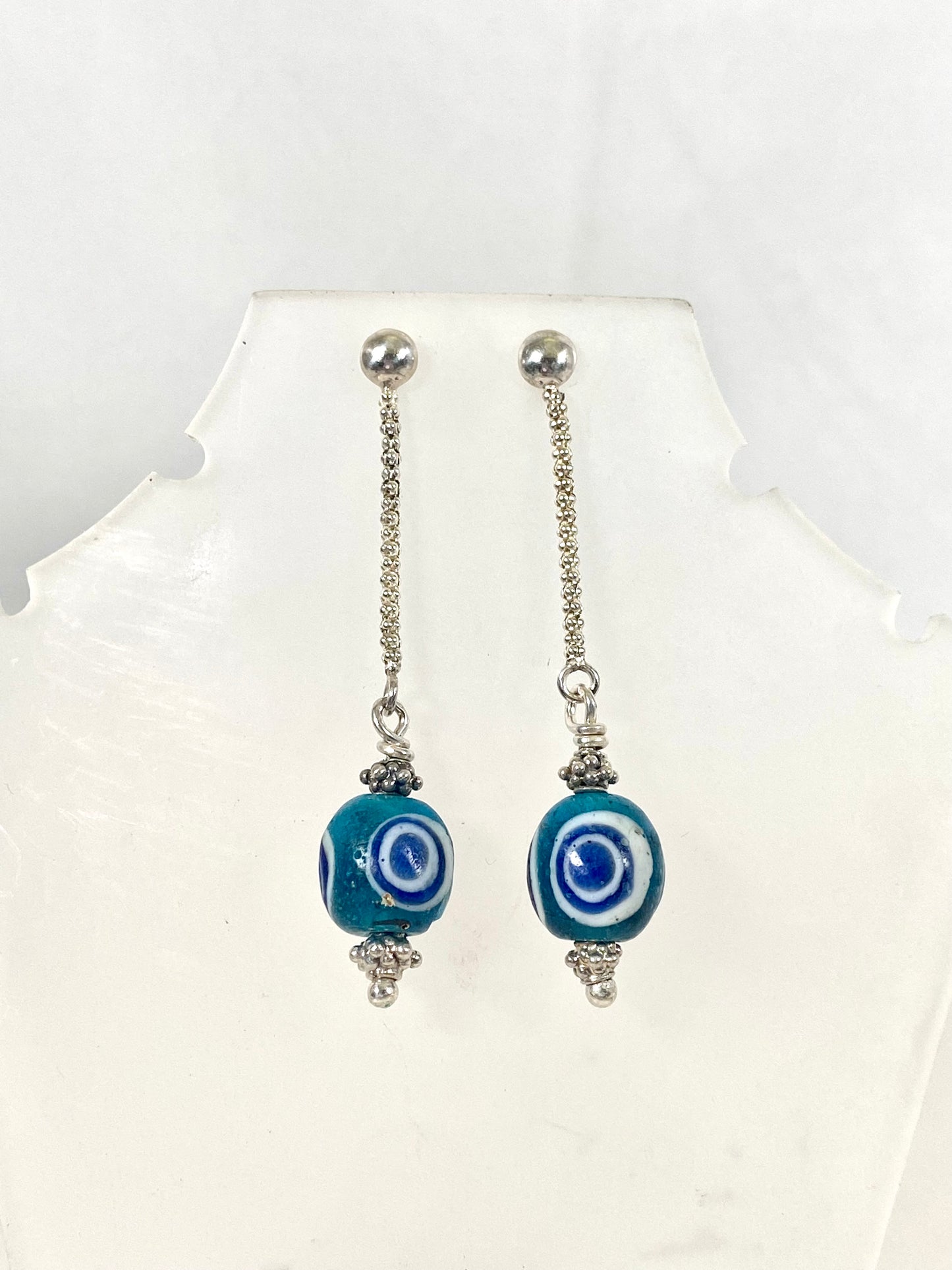 Ancient / Antique Javanese Trade Beads- Turquoise Millefiori Eye Bead Earrings circa 10th to 14th century w Sterling Silver