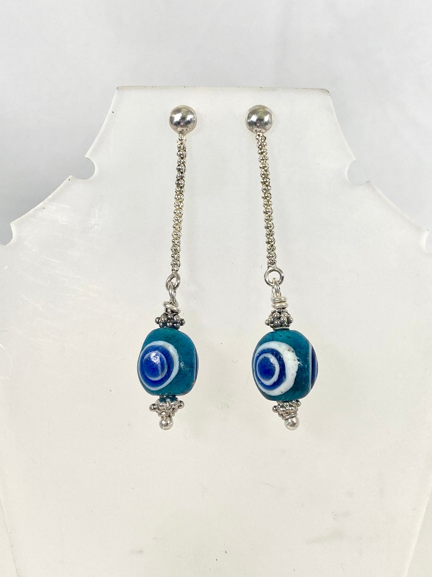 Ancient / Antique Javanese Trade Beads- Turquoise Millefiori Eye Bead Earrings circa 10th to 14th century w Sterling Silver
