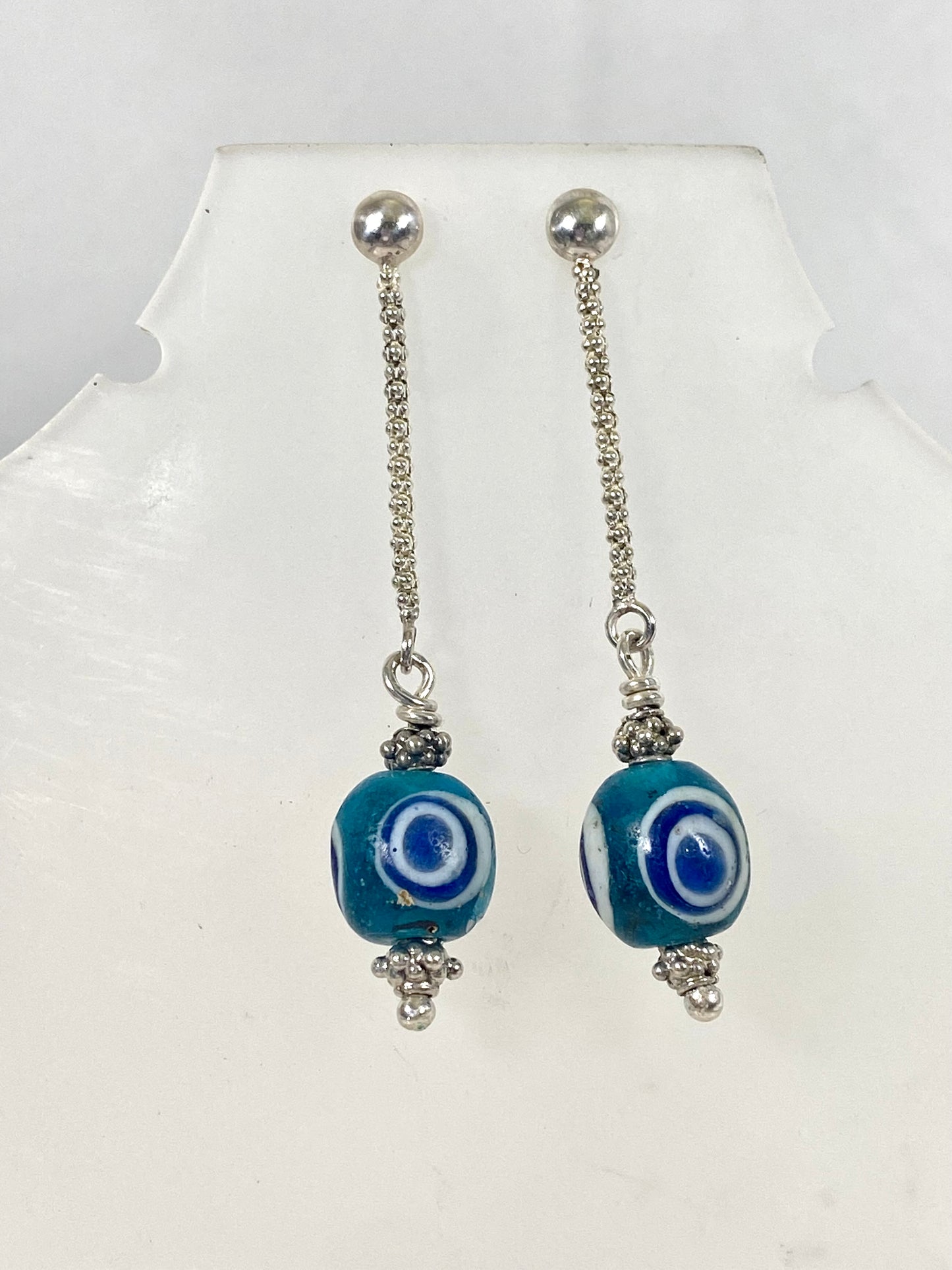 Ancient / Antique Javanese Trade Beads- Turquoise Millefiori Eye Bead Earrings circa 10th to 14th century w Sterling Silver