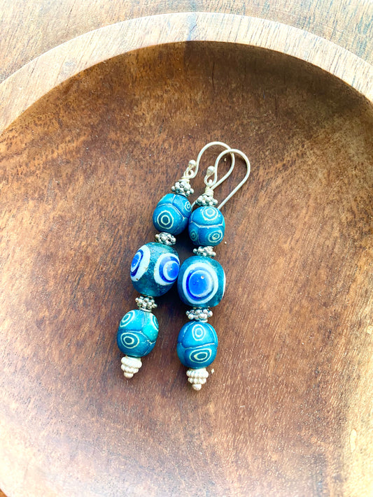 Ancient Javanese Trade Beads- Turquoise Millefiori Eye Bead Earrings circa 3rd century BC to 10th century AD