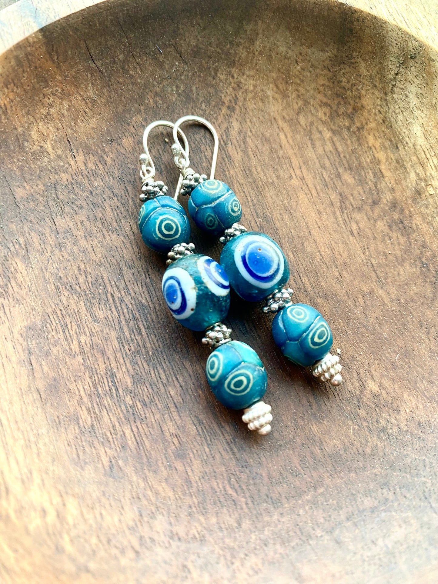 Ancient Javanese Trade Beads- Turquoise Millefiori Eye Bead Earrings circa 3rd century BC to 10th century AD