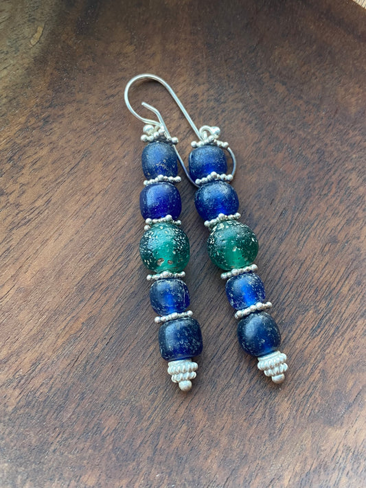 Ancient Javanese Trade Beads-Blue and Green Indo-Pacific Glass Bead Earrings w Sterling Silver