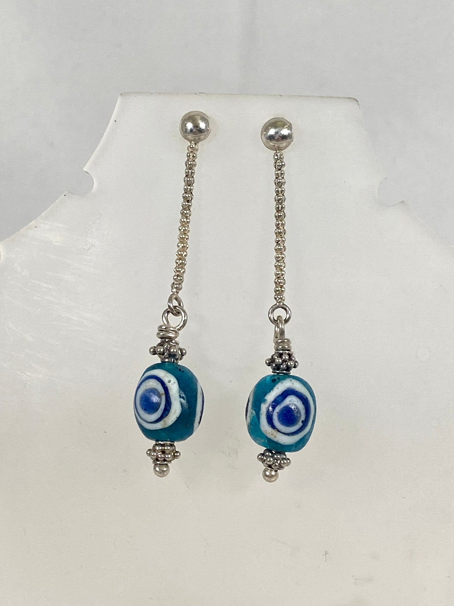 Ancient / Antique Javanese Trade Beads- Turquoise Millefiori Eye Bead Earrings circa 10th to 14th century w Sterling Silver