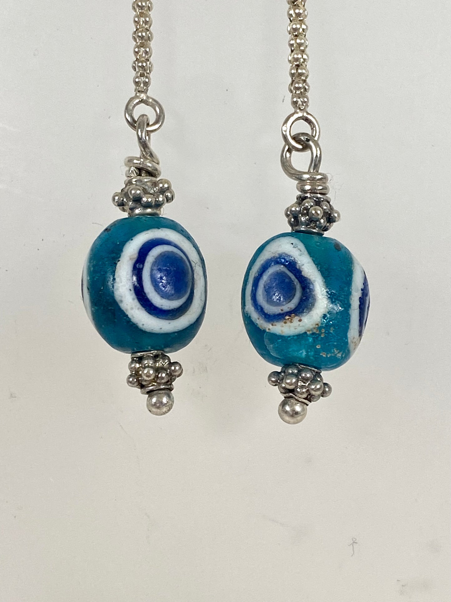 Ancient / Antique Javanese Trade Beads- Turquoise Millefiori Eye Bead Earrings circa 10th to 14th century w Sterling Silver