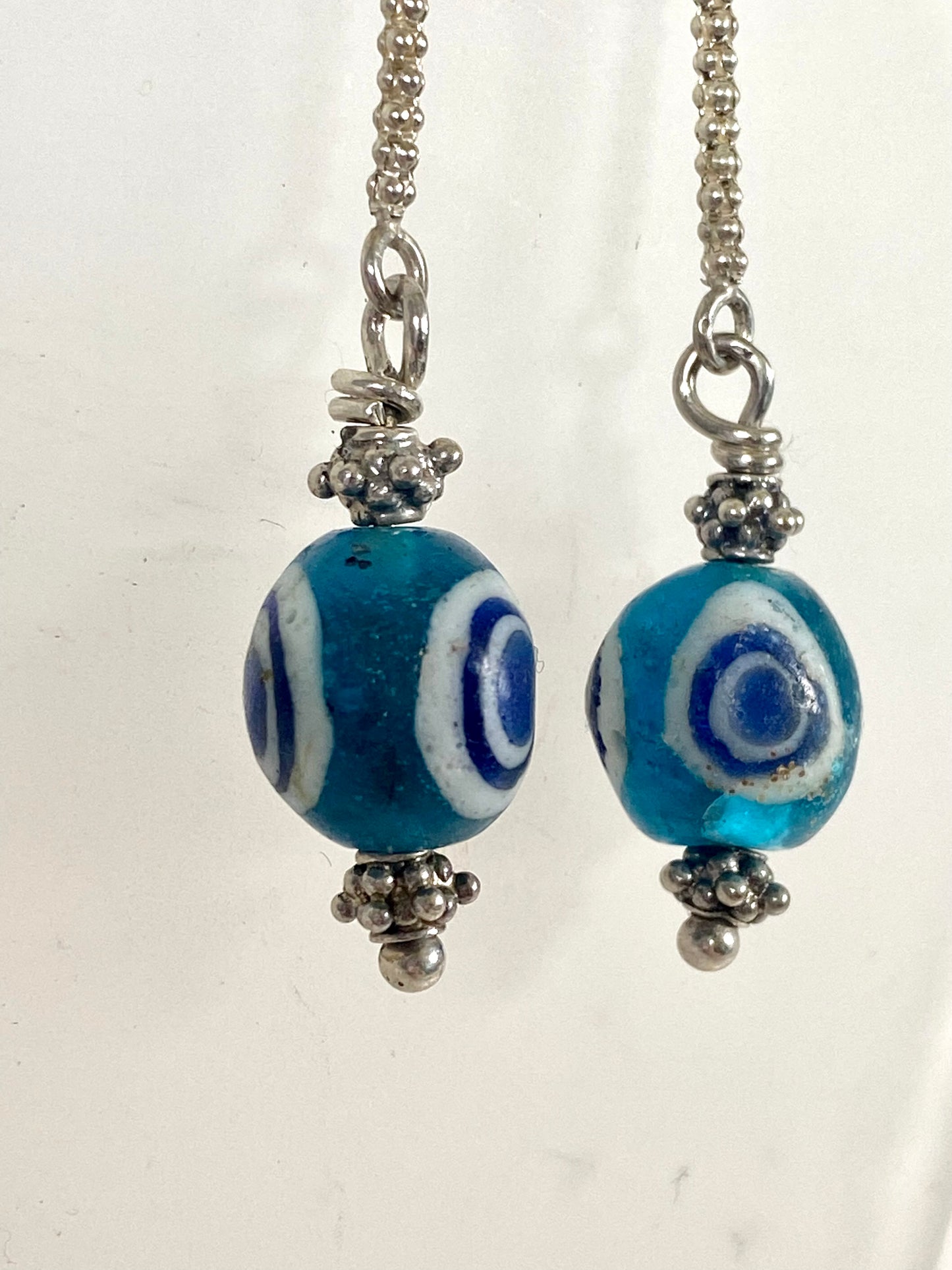 Ancient / Antique Javanese Trade Beads- Turquoise Millefiori Eye Bead Earrings circa 10th to 14th century w Sterling Silver