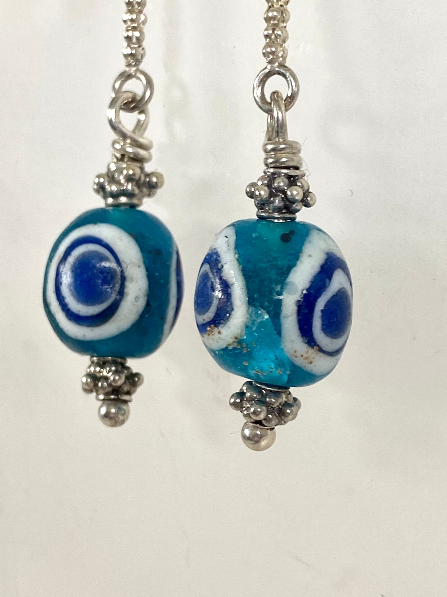 Ancient / Antique Javanese Trade Beads- Turquoise Millefiori Eye Bead Earrings circa 10th to 14th century w Sterling Silver