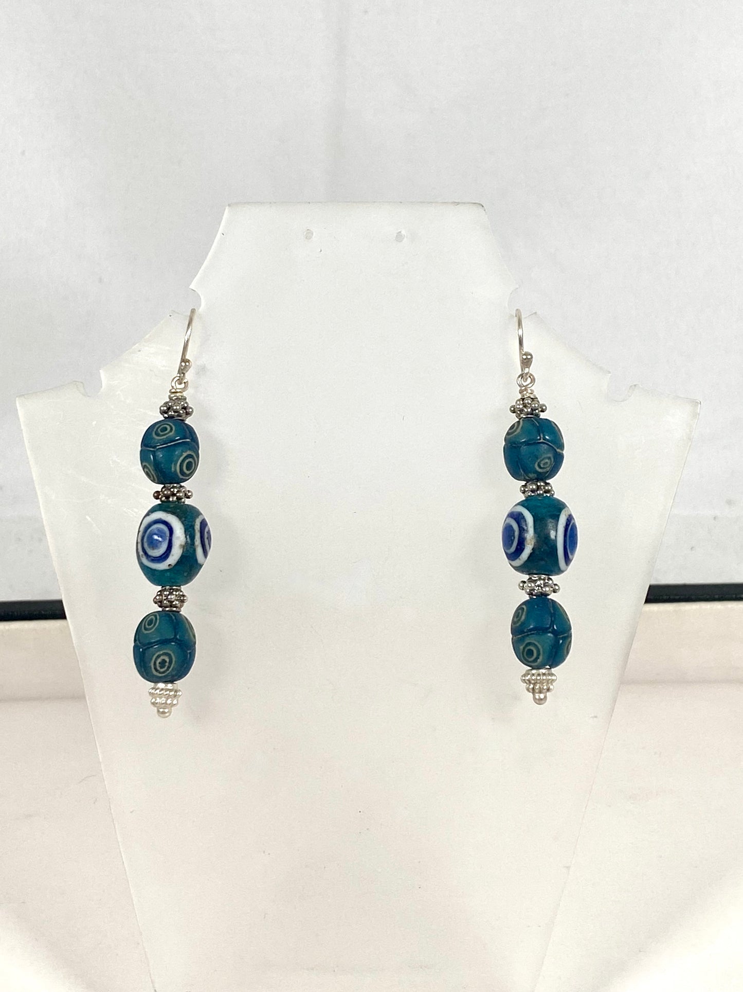 Ancient Javanese Trade Beads- Turquoise Millefiori Eye Bead Earrings circa 3rd century BC to 10th century AD