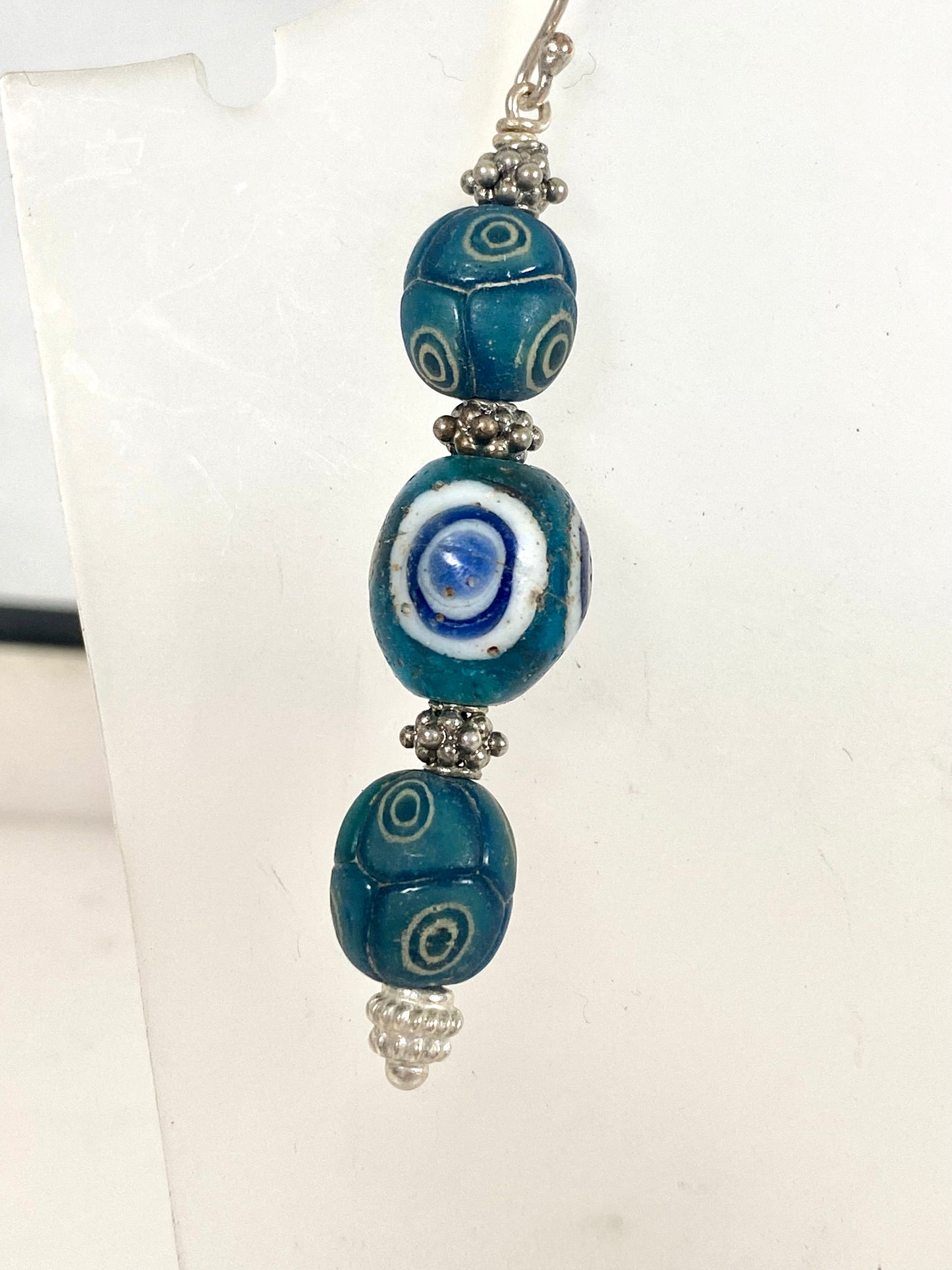 Ancient Javanese Trade Beads- Turquoise Millefiori Eye Bead Earrings circa 3rd century BC to 10th century AD