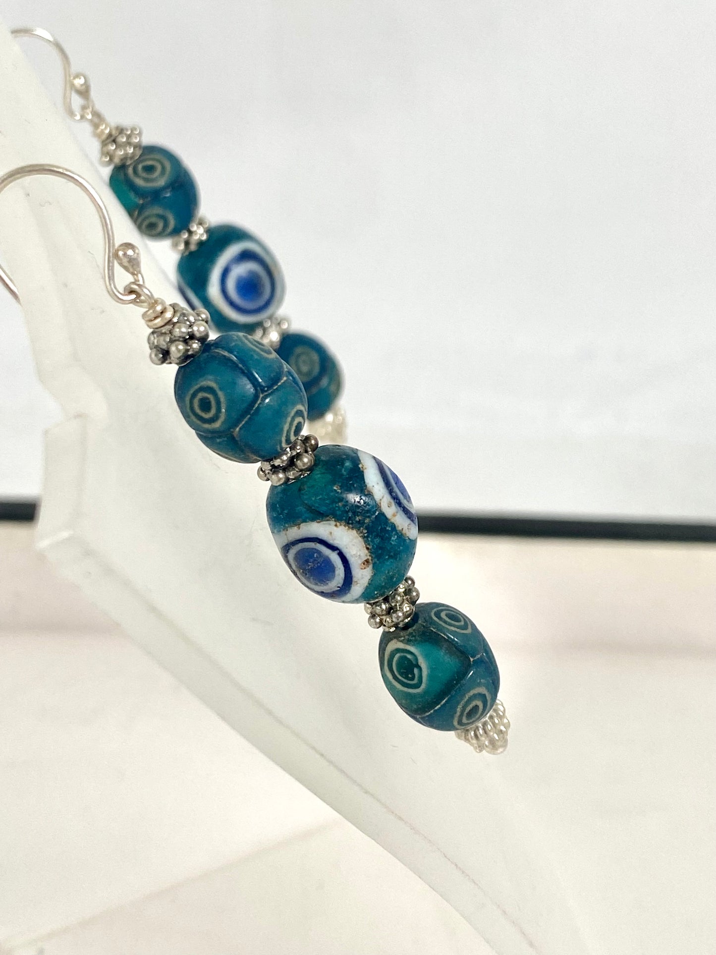 Ancient Javanese Trade Beads- Turquoise Millefiori Eye Bead Earrings circa 3rd century BC to 10th century AD