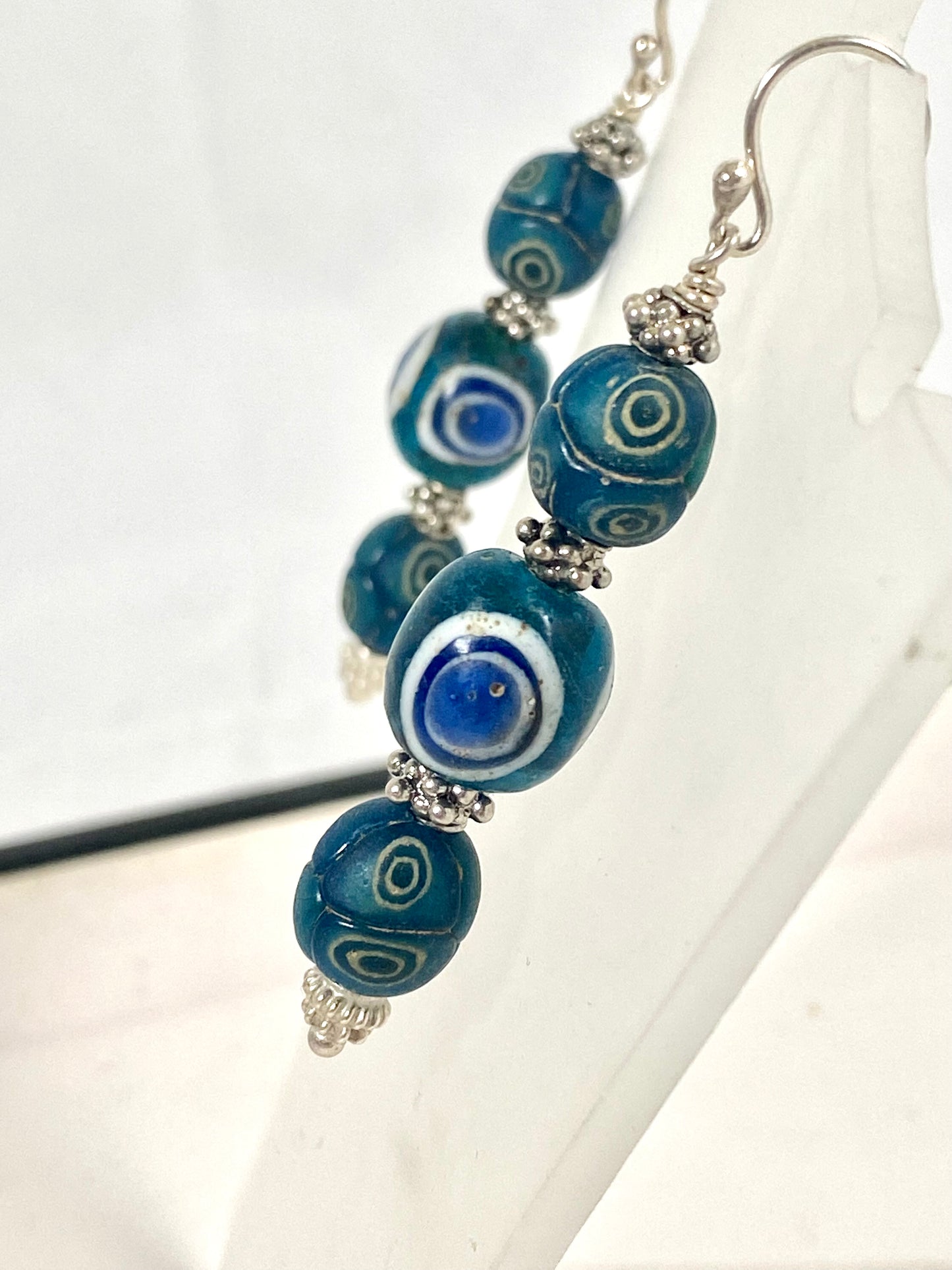 Ancient Javanese Trade Beads- Turquoise Millefiori Eye Bead Earrings circa 3rd century BC to 10th century AD