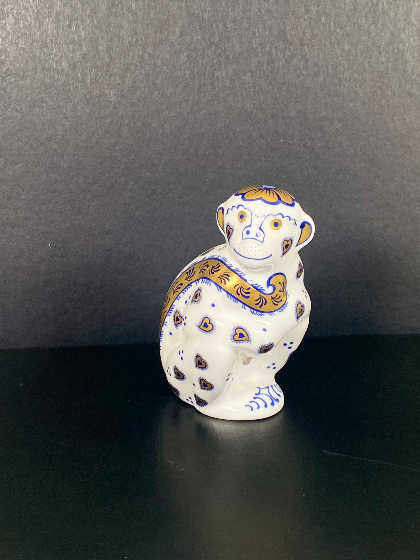 Vintage Royal Crown Derby Cobalt and Gilt Limited Edition Monkey Porcelain Paperweight or Figurine